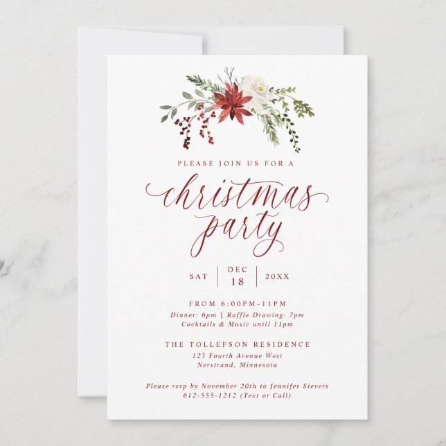 Invitación Fiesta de cena de Navidad elegante con acuarela (Anverso)