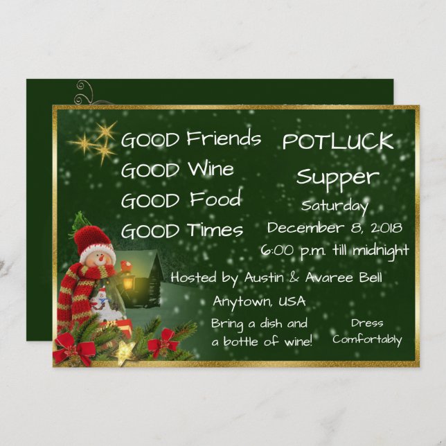 Invitación Fiesta de Cena de Navidad Pot Luck (Anverso / Reverso)