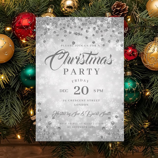 Invitación Fiesta de cena de Navidad Purpurina de diamantes d (Xmas Dinner Party Silver Winter Diamonds Glitter Invitation)