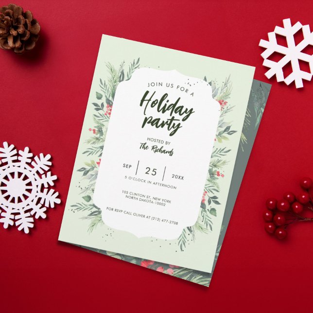 Invitación Fiesta de cena de Navidades con temática de follaj (Botanical Foliage-themed Christmas Dinner Party Invitation)