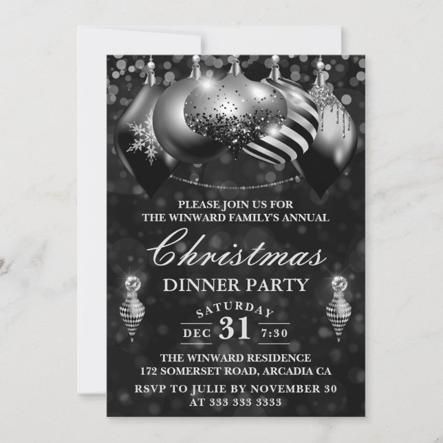 Invitación Fiesta de cena de Navidades de balbuceo negro y pl (Anverso)