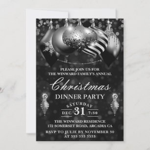 Invitación Fiesta de cena de Navidades de balbuceo negro y pl