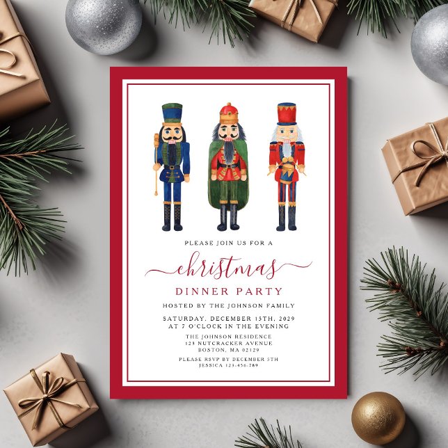 Invitación Fiesta de cena de Navidades de cazadores de nueces (Festive Nutcracker Christmas Dinner Party Invitation)