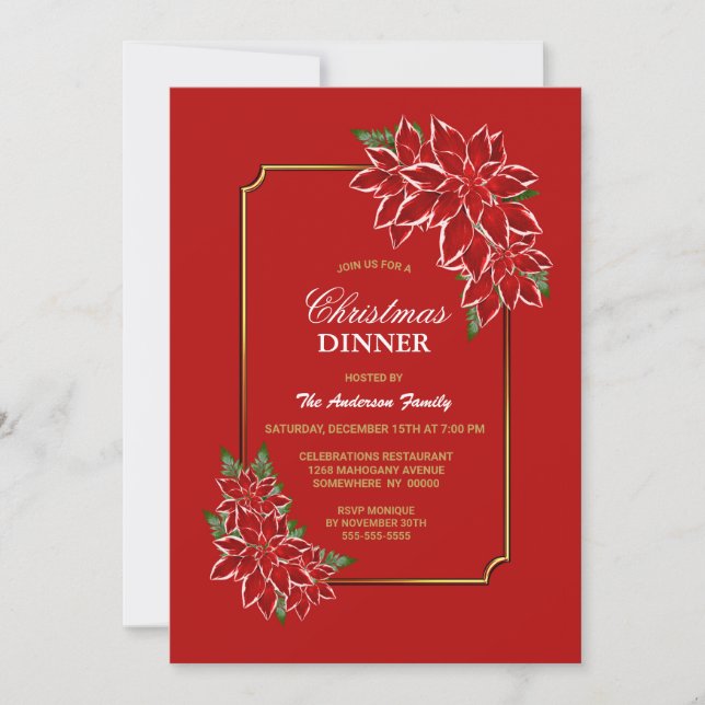 Invitación Fiesta de cena de Navidades de la poinsettia roja  (Anverso)