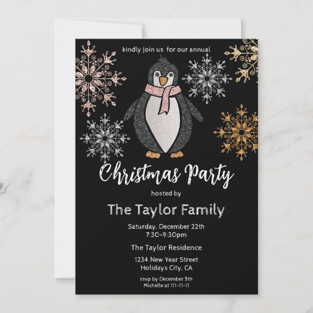 Invitación Fiesta de cena de Navidades de la purpurina Cute P (Anverso)