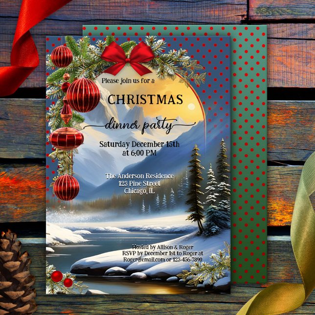 Invitación Fiesta de cena de Navidades retro festivos extraor (Festive Christmas dinner party invitation featuring a winter wonderland with pine trees)