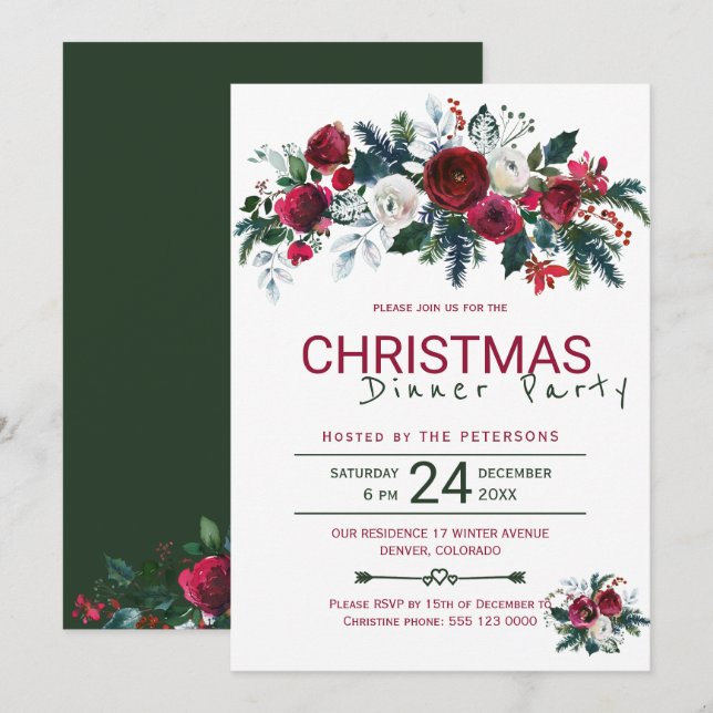 Invitación Fiesta de cena de Navidades rusos de Borgoña Verde (Anverso / Reverso)
