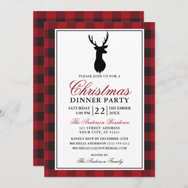 Invitación Fiesta de Cena de Navidades Rústicos de Red Plaid (Anverso / Reverso)