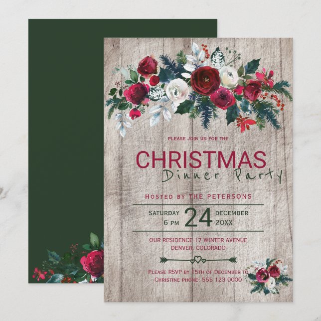 Invitación Fiesta de cena de Navidades verdes de Barn Wood Bu (Anverso / Reverso)