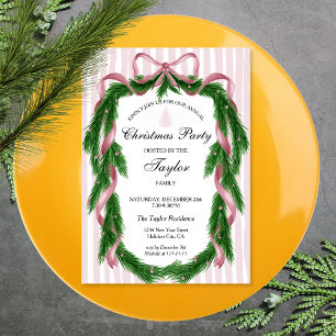 Invitación Fiesta de cena de Navidades Wreath de cinta rosada