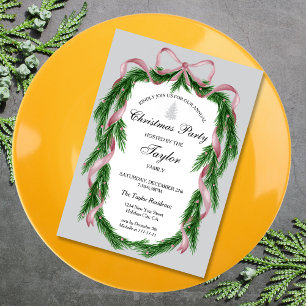 Invitación Fiesta de cena de Navidades Wreath de cinta rosada