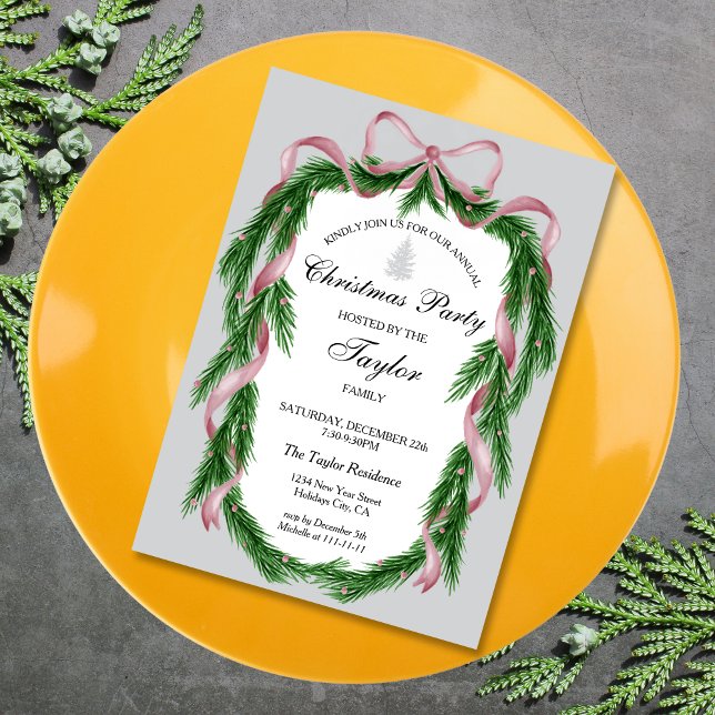 Invitación Fiesta de cena de Navidades Wreath de cinta rosada (Subido por el creador)