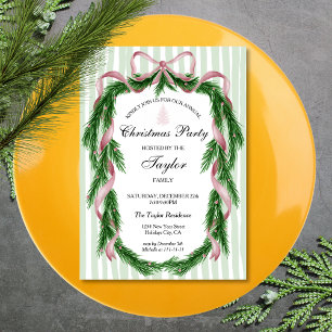 Invitación Fiesta de cena de Navidades Wreath de cinta rosada