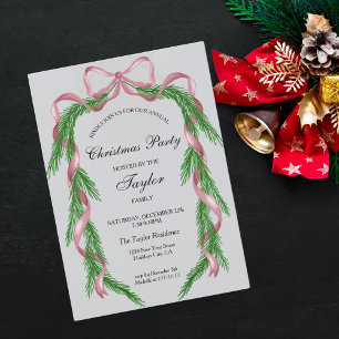 Invitación Fiesta de cena de Navidades Wreath de cinta rosada