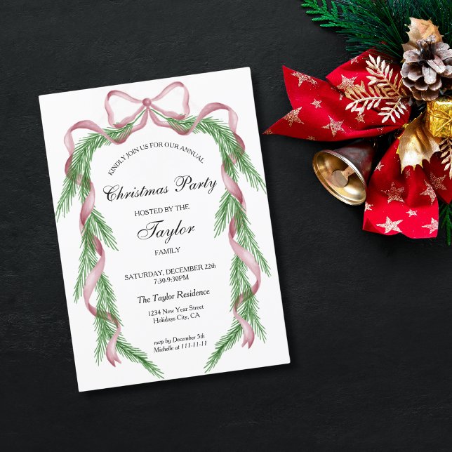 Invitación Fiesta de cena de Navidades Wreath de cinta rosada (Subido por el creador)