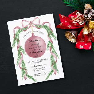 Invitación Fiesta de cena de Navidades Wreath de cinta rosada