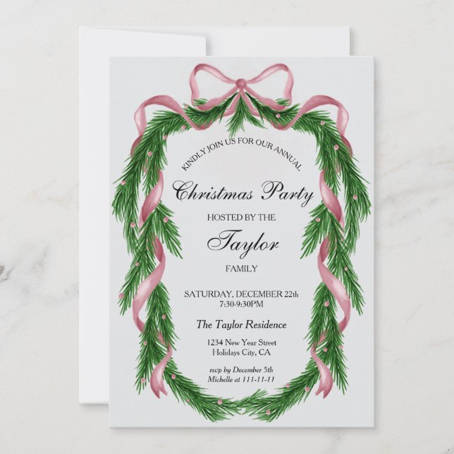 Invitación Fiesta de cena de Navidades Wreath de cinta rosada (Anverso)