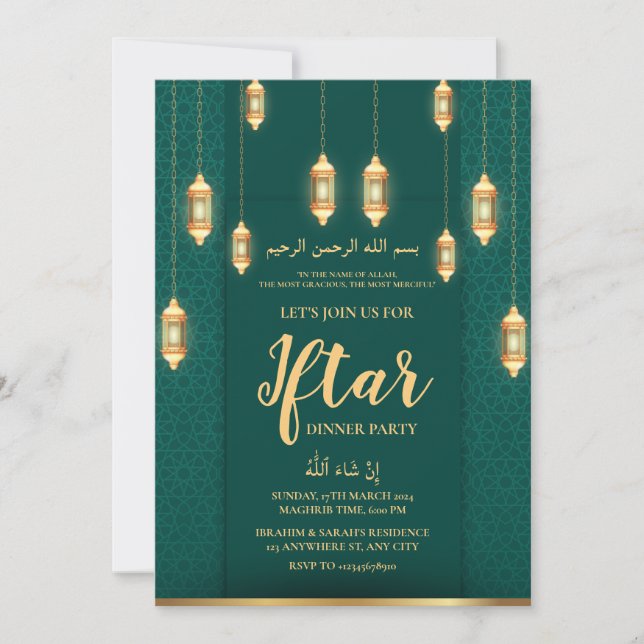 Invitación Fiesta DE CENA DE ORO VERDE LANTERN RAMADAN IFTAR  (Anverso)