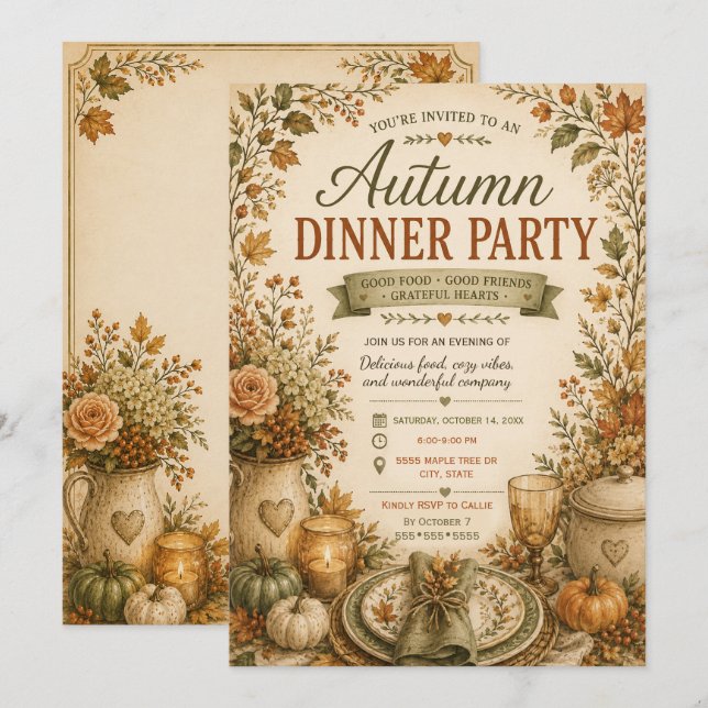 Invitación Fiesta de Cena de Otoño Rústico en una Casa de Cam (Anverso / Reverso)