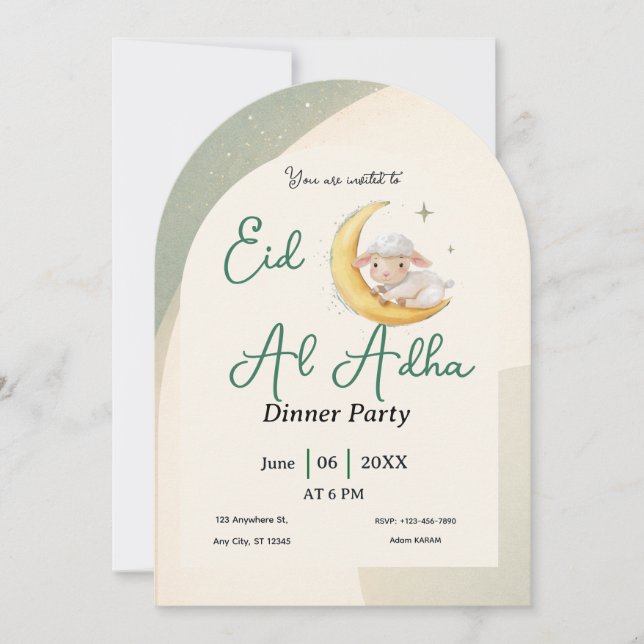 Invitación Fiesta de cena de ovejas verde polvoriento Eid Al  (Anverso)