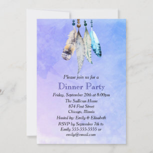 Invitación Fiesta de Cena de Plumas de Acuarela sobre Púrpura
