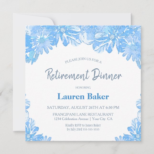 Invitación Fiesta de cena de retiro floral azul (Anverso)