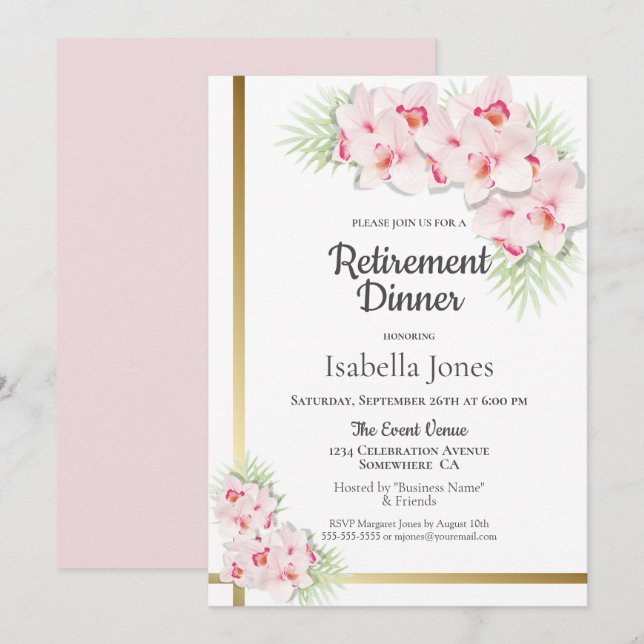 Invitación Fiesta de cena de retiro floral rosa y dorado (Anverso / Reverso)