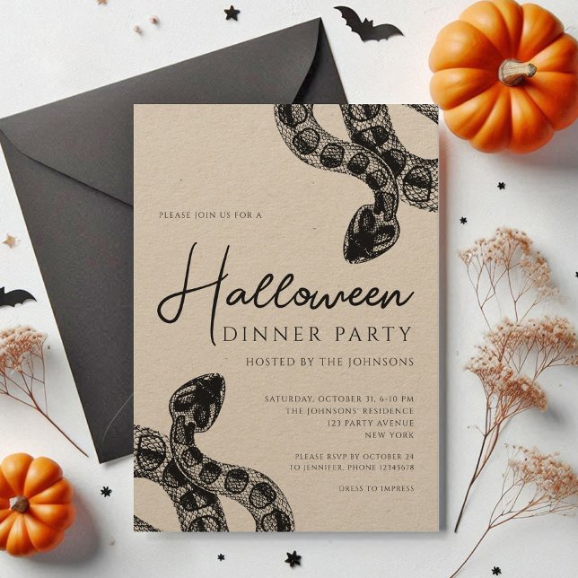 Invitación Fiesta de Cena de Serpientes Negras Elegantes Hall (Elegant Black Snakes Dinner Party Halloween Invitation)