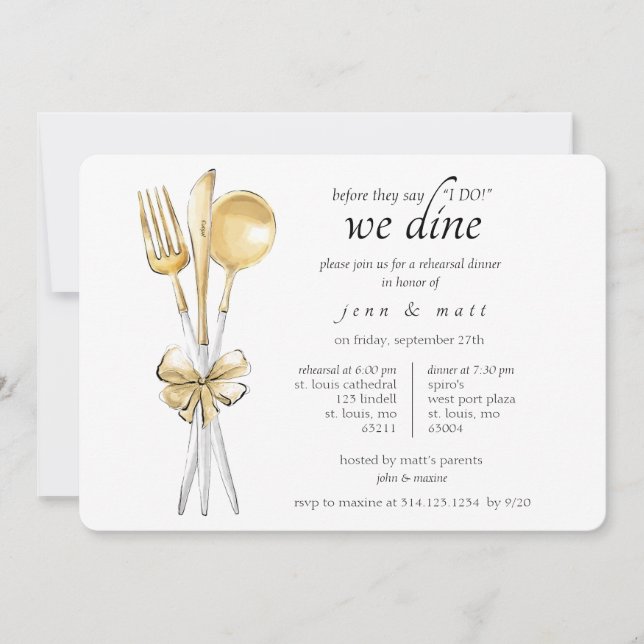 Invitación Fiesta de cena del ensayo de los cubiertos del oro (Anverso)