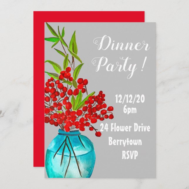 Invitación Fiesta de cena elegante de las Berries Rojas (Anverso / Reverso)