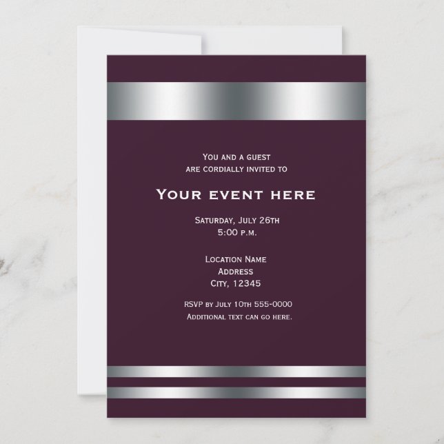 Invitación Fiesta de Cena Elegante de Vino y Plata (Anverso)