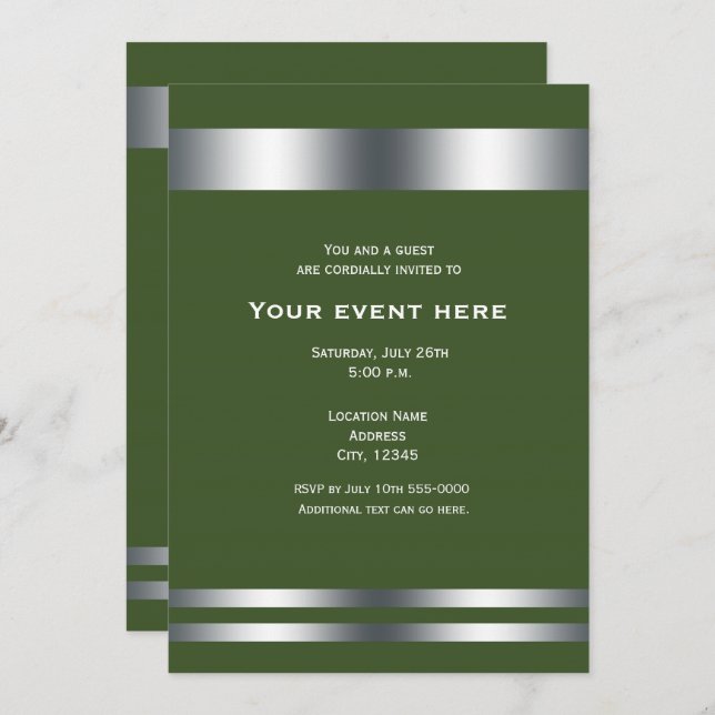 Invitación Fiesta de Cena Elegante Verde y Plata (Anverso / Reverso)