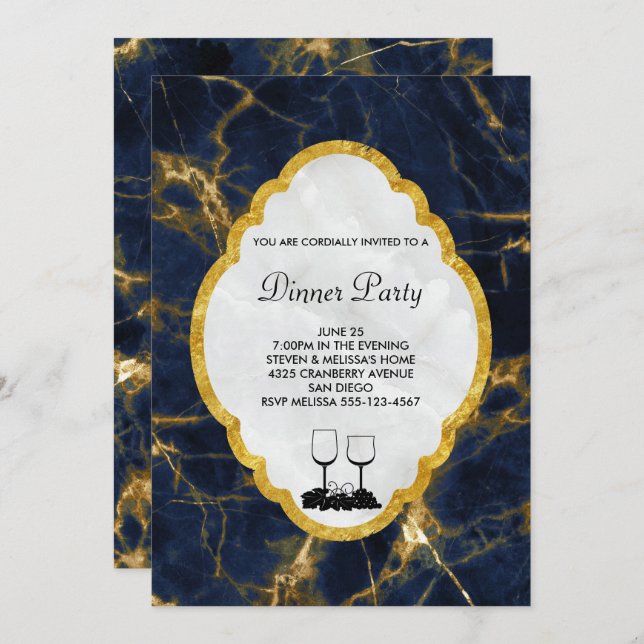 Invitación Fiesta de cena estilo Marble azul marino y oro (Anverso / Reverso)