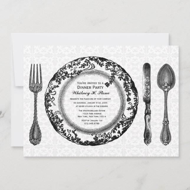 Invitación Fiesta de cena fina en blanco negro (Anverso)
