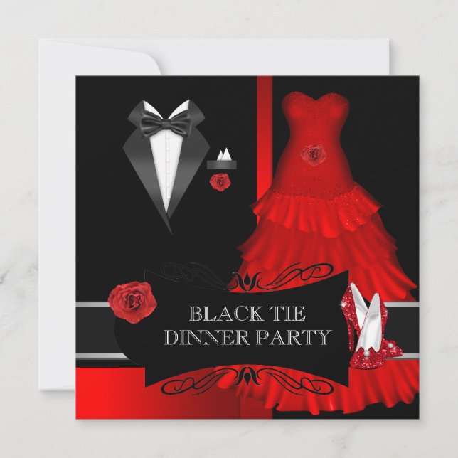 Invitación Fiesta de Cena Formal Corbata Negra Zapato Rojo (Anverso)