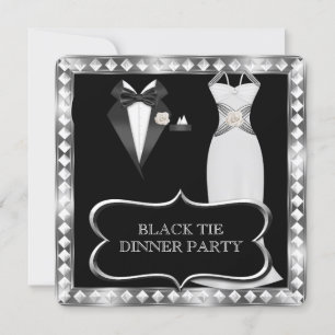 Invitación Fiesta de cena formal de etiqueta blanca y negra d