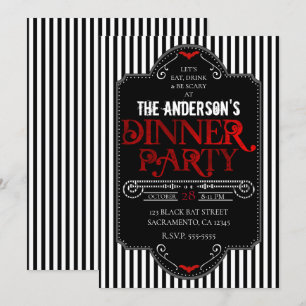 Invitación Fiesta de cena gótica de rayas blancas y negras ro