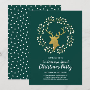 Invitación Fiesta de cena moderna de Navidad verde y dorada