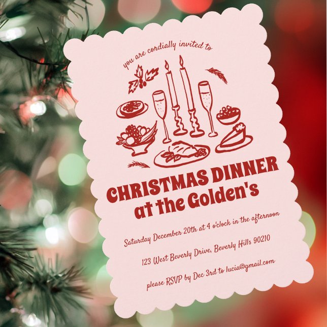 Invitación Fiesta de cena navideña de mano caprichosa (Whimsical Hand Drawn Holiday Dinner Party Invitation
)