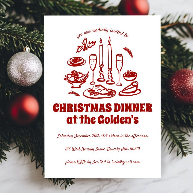 Invitación Fiesta de cena navideña de mano caprichosa (Whimsical Hand Drawn Holiday Dinner Party Invitation
)