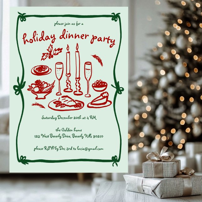 Invitación Fiesta de cena navideña de Navidades caseros (Whimsical Girly Christmas Holiday Dinner Party Invitation
)