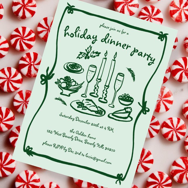 Invitación Fiesta de cena navideña de Navidades caseros (Whimsical Girly Doodle Sketch Christmas Holiday Dinner Party Invitation
)