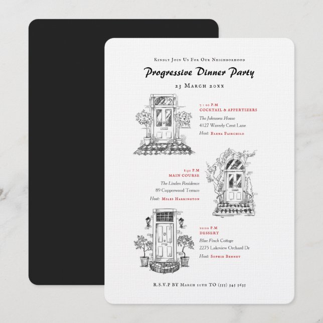 Invitación Fiesta de Cena Progresiva Puertas Delanteras Ingle (Anverso / Reverso)