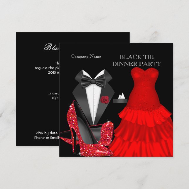 Invitación Fiesta de Cena Red Black Tie Empresarial (Anverso / Reverso)