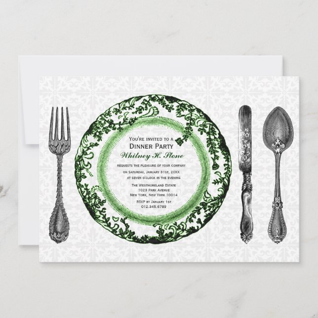 Invitación Fiesta de cena verde blanco (Anverso)