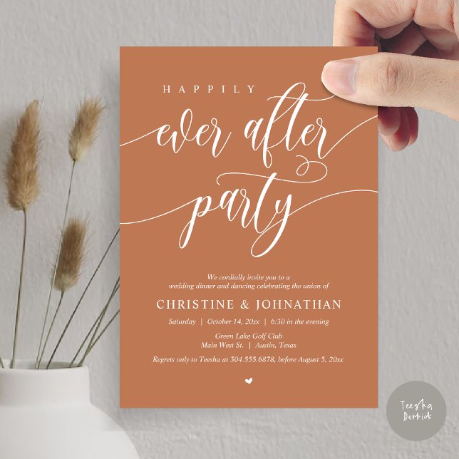 Invitación Fiesta de Cena y Baile Felices para Siempre (Happily Ever After Party Dinner Dancing Modern Invitation Card, PDF, in Copper Brown Terracotta)