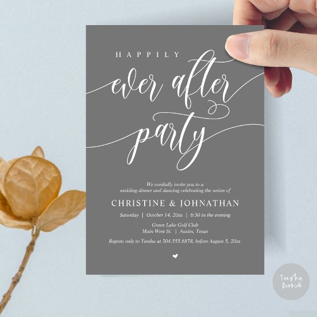 Invitación Fiesta de Cena y Baile Felices para Siempre (Happily Ever After Party Dinner Dancing Modern Invitation Card, PDF, in Dark Grey)