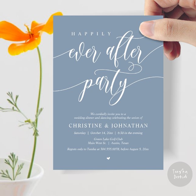 Invitación Fiesta de Cena y Baile Felices para Siempre (Happily Ever After Party Dinner Dancing Modern Invitation Card, PDF, in Dusty Blue)