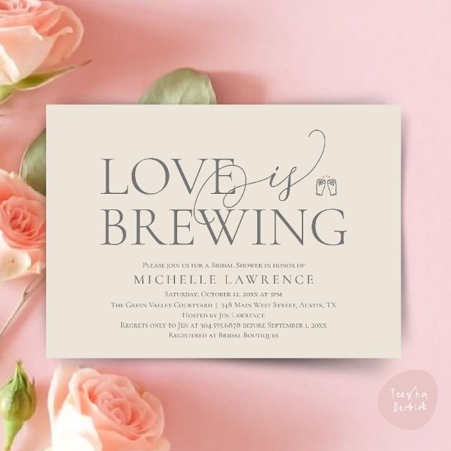 Invitación Fiesta de cerveza de clase ducha de novias, el amo (Classy Beer Party Bridal Shower, Love is brewing modern romantic Invitation Card PDF in Cream Grey)