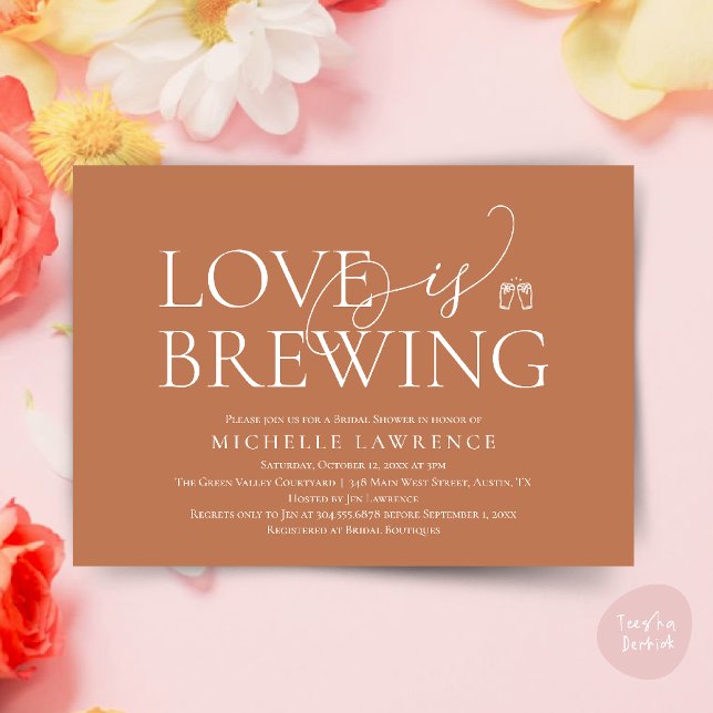 Invitación Fiesta de cerveza de clase ducha de novias, el amo (Classy Beer Party Bridal Shower, Love is brewing modern romantic invites Card PDF in Copper Brown)
